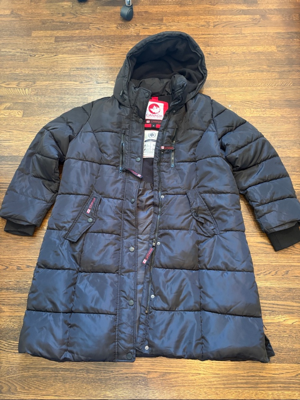 Canada Weatherproof Long Black Hooded Puffer Coat